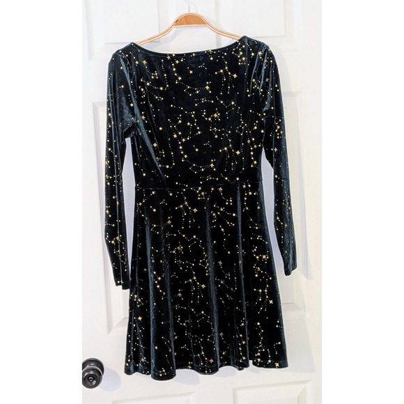 Allegra K Velvet Dress Small Green Gold Stars Square Neck‎ Long Sleeve Mini NWT - Picture 5 of 10